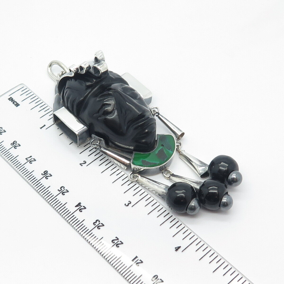 925 Sterling Silver Vintage Mexico Real Black Green Onyx Gem Tribal Face Pendant