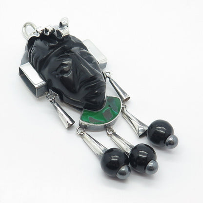 925 Sterling Silver Vintage Mexico Real Black Green Onyx Gem Tribal Face Pendant