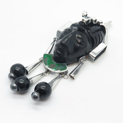 925 Sterling Silver Vintage Mexico Real Black Green Onyx Gem Tribal Face Pendant