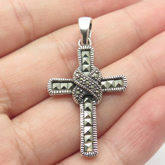 925 Sterling Silver Vintage Real Marcasite Gemstone Cross Pendant