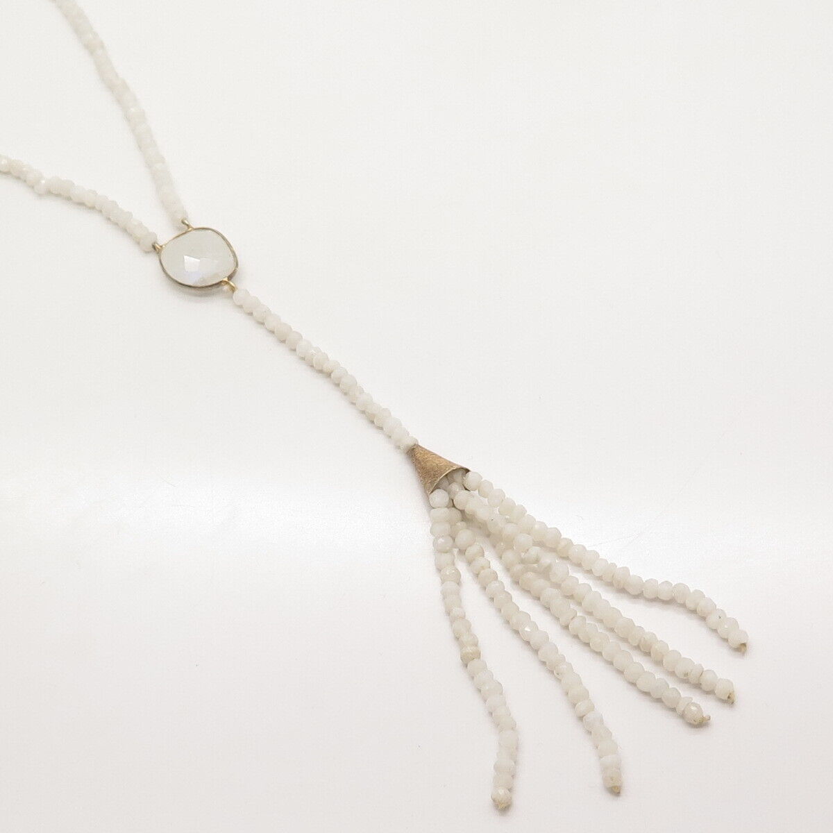 925 Sterling Silver Gold-Plated Vintage Moonstone Tassel Bead Chain Necklace 14"