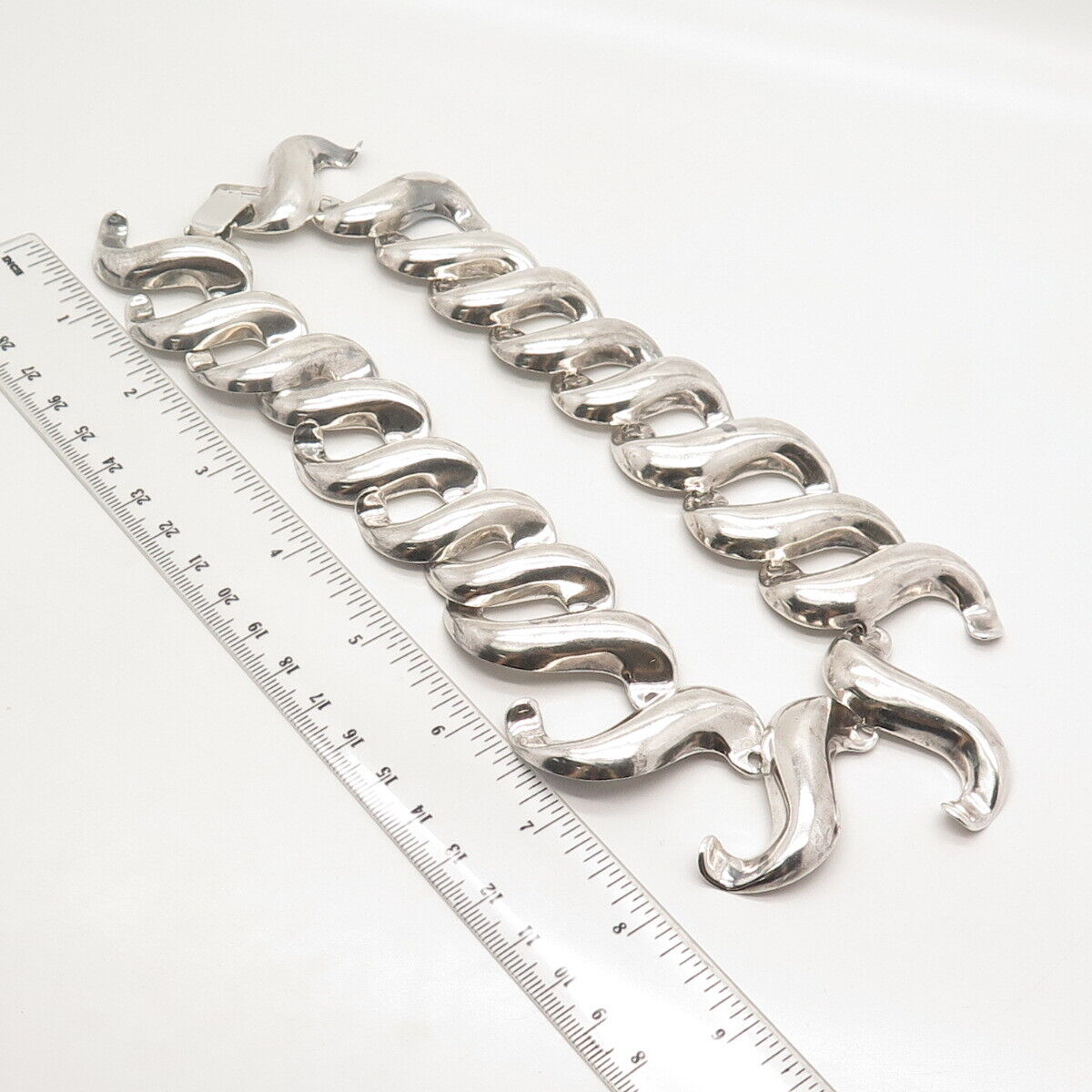 925 Sterling Silver Vintage Mexico Curved Fancy Chain Necklace 16"