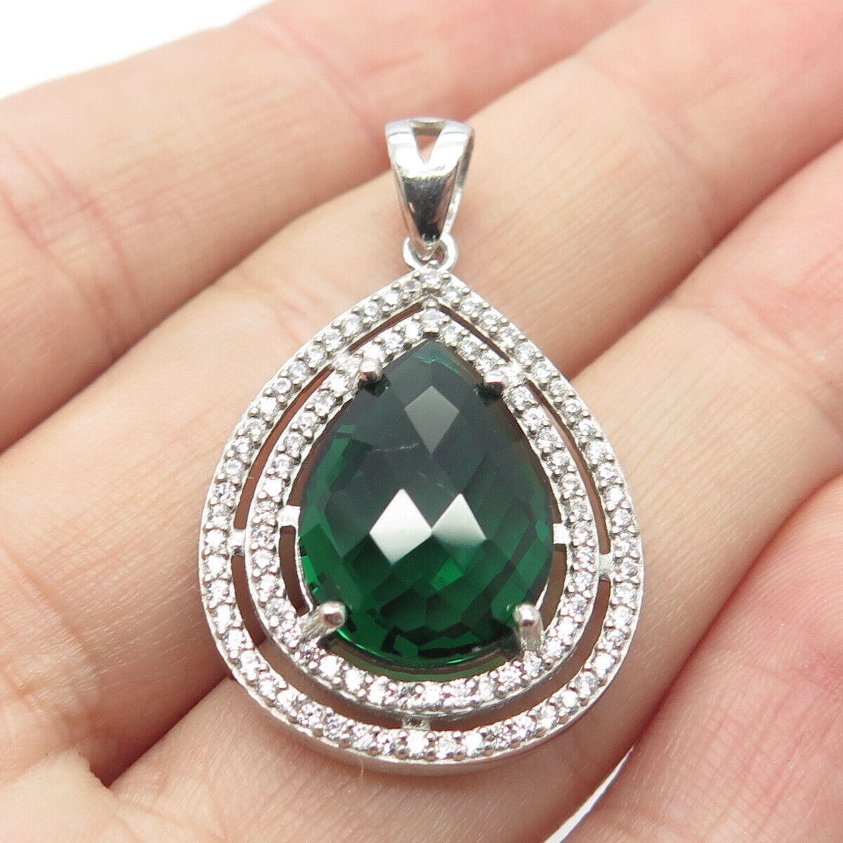 925 Sterling Silver White & Green C Z Drop Pendant