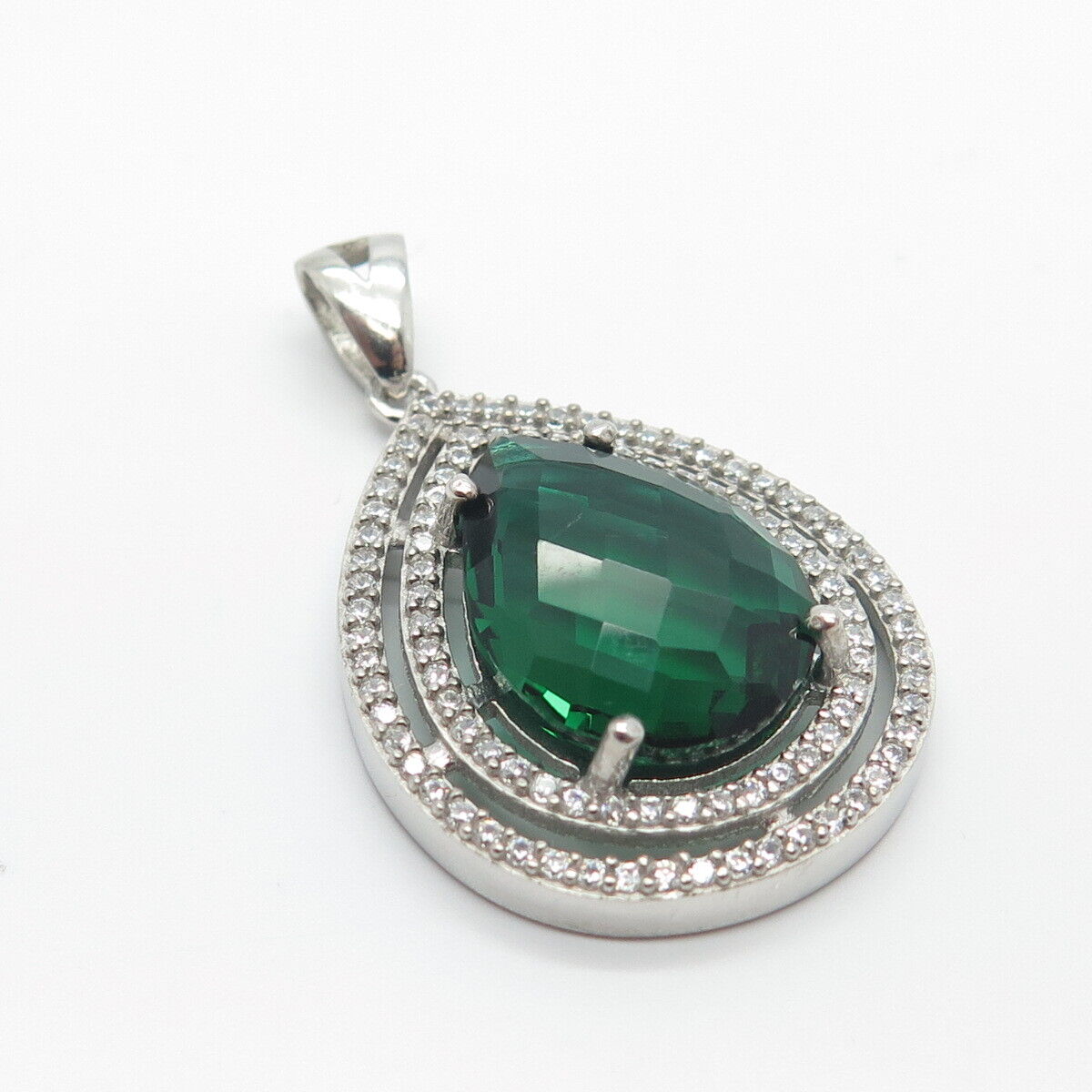 925 Sterling Silver White & Green C Z Drop Pendant