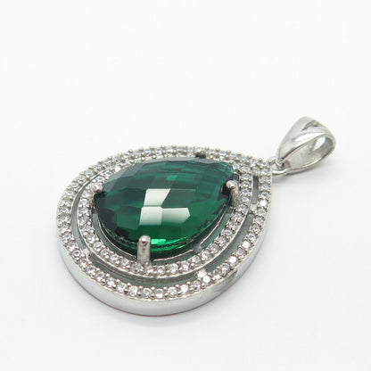 925 Sterling Silver White & Green C Z Drop Pendant