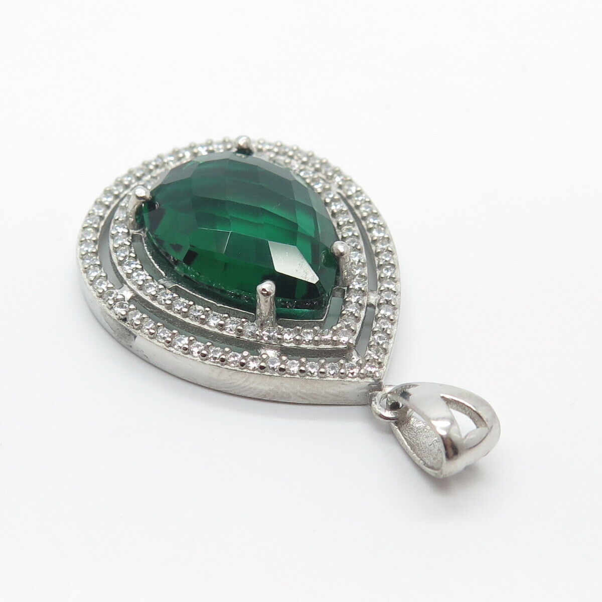 925 Sterling Silver White & Green C Z Drop Pendant