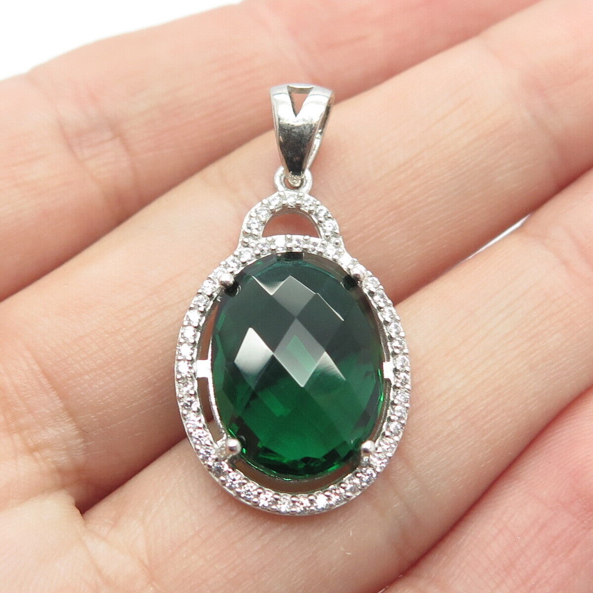 925 Sterling Silver White & Green C Z Oval Pendant