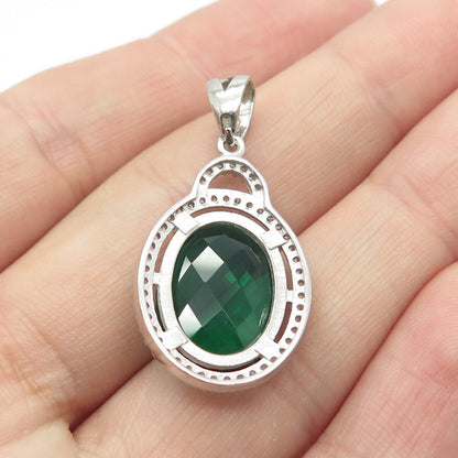 925 Sterling Silver White & Green C Z Oval Pendant