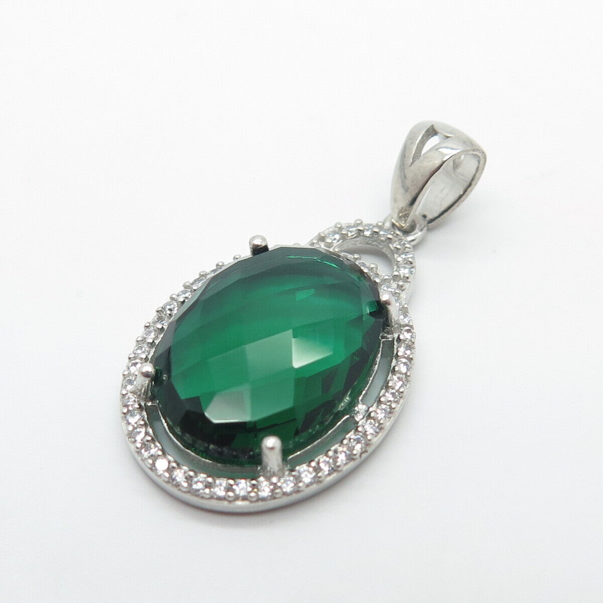 925 Sterling Silver White & Green C Z Oval Pendant