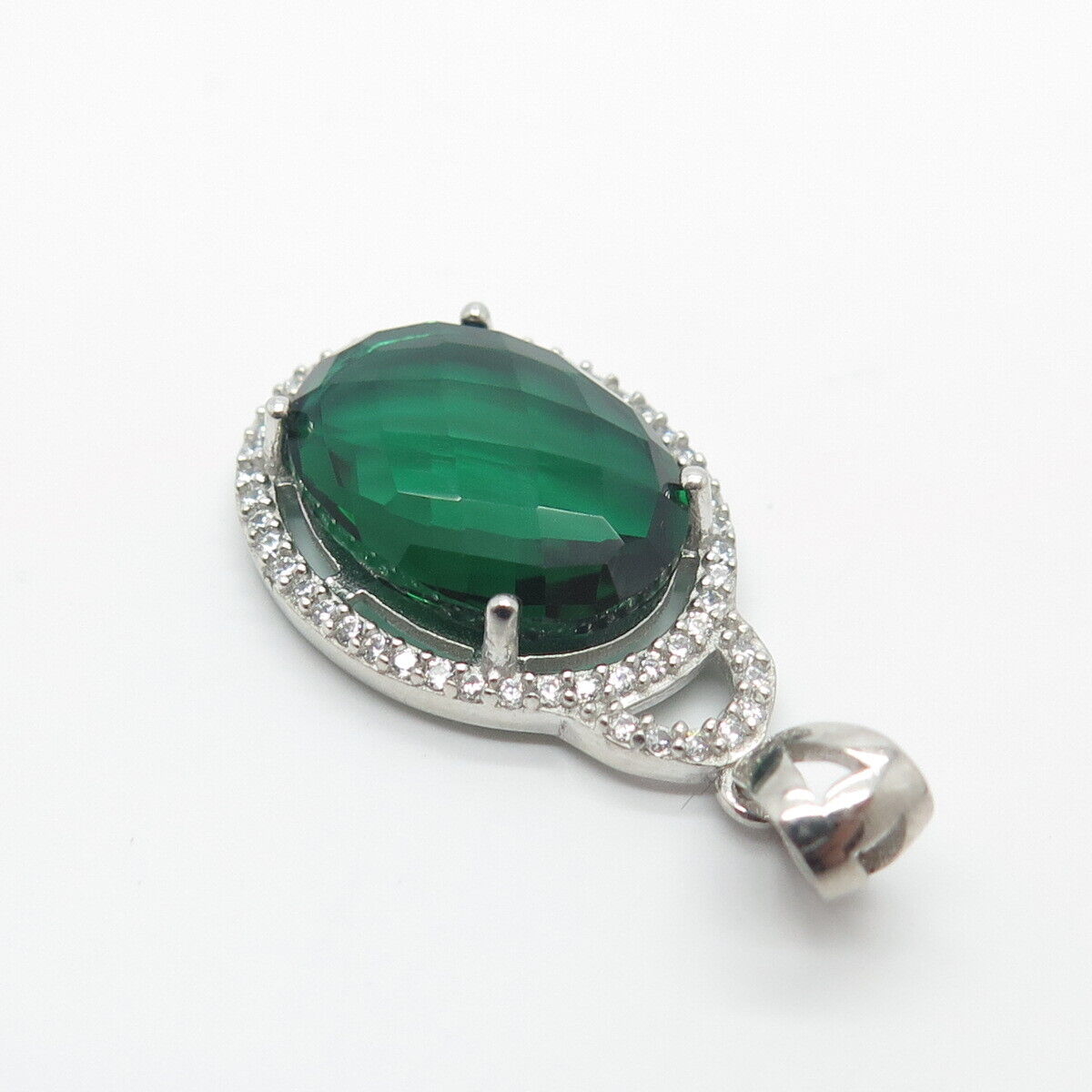 925 Sterling Silver White & Green C Z Oval Pendant