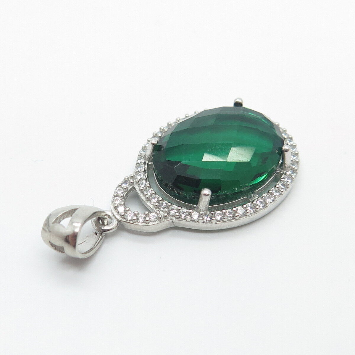 925 Sterling Silver White & Green C Z Oval Pendant