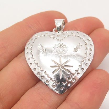 925 Sterling Silver Vintage Mexico Etched Heart Pendant