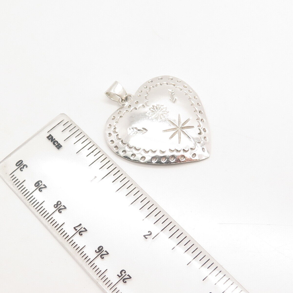 925 Sterling Silver Vintage Mexico Etched Heart Pendant