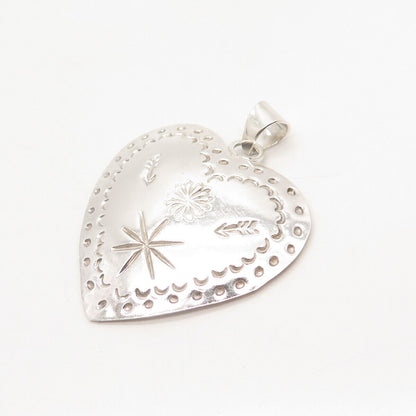 925 Sterling Silver Vintage Mexico Etched Heart Pendant