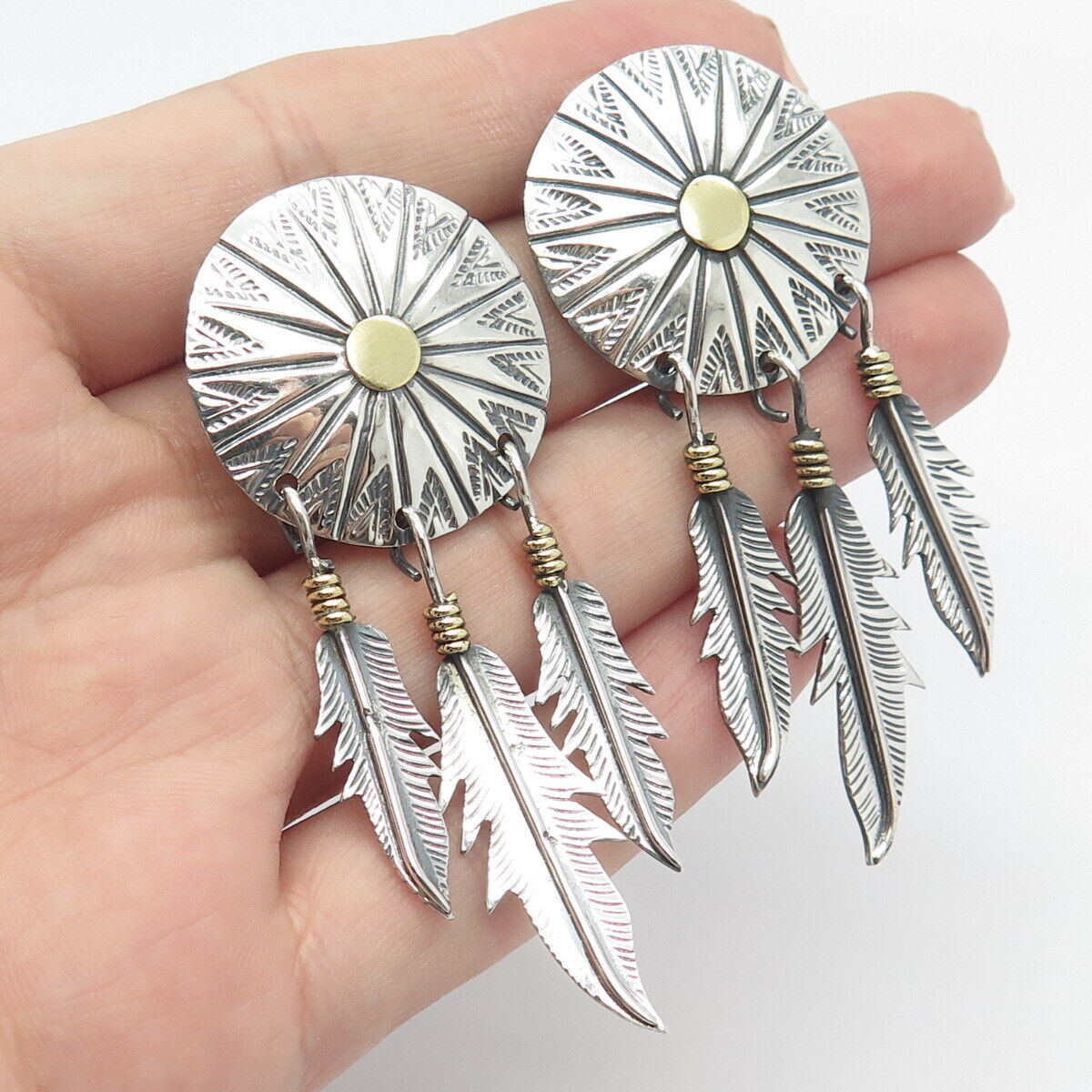 925 Sterling Silver2-Tone Vintage Mexico Tribal Dangling Earrings