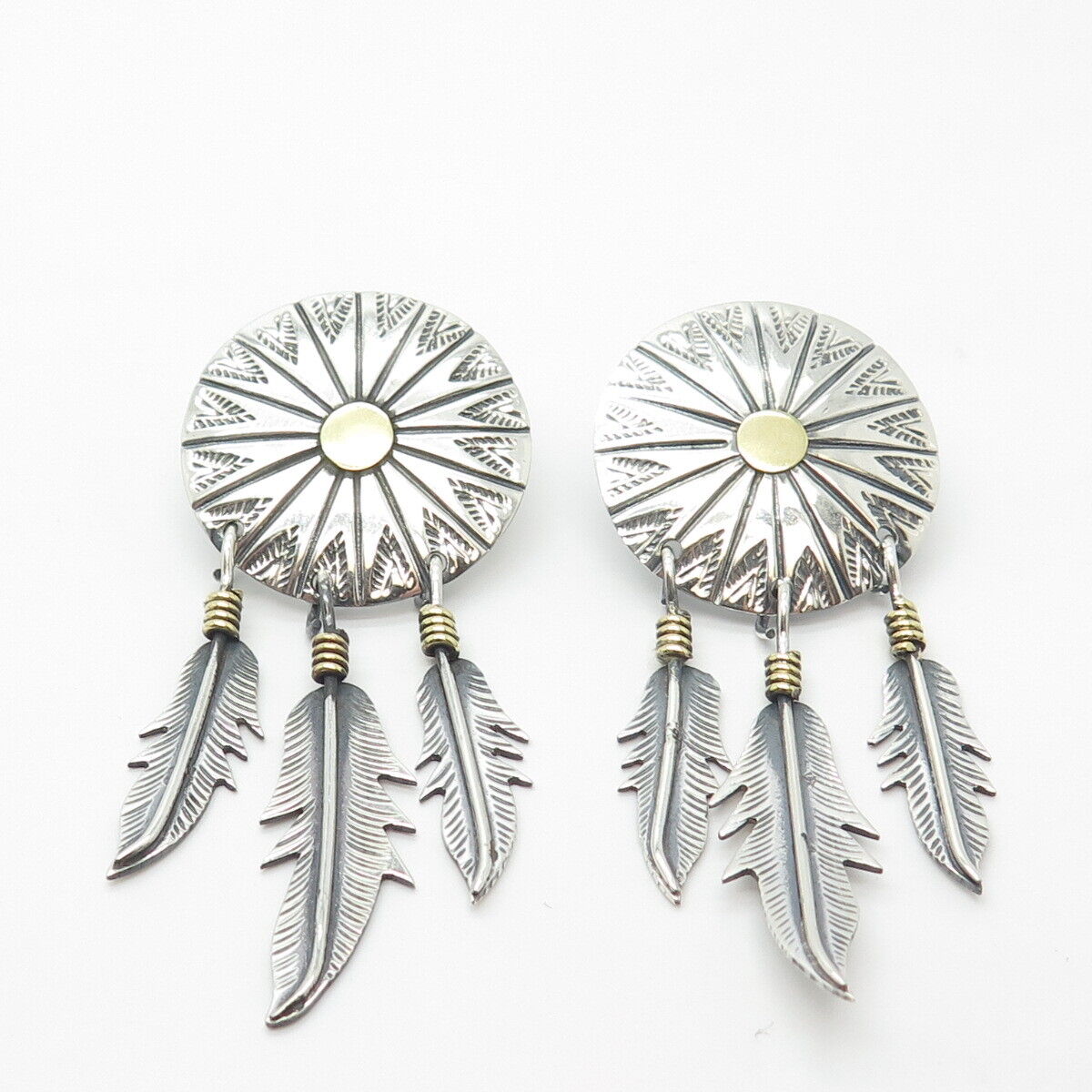 925 Sterling Silver2-Tone Vintage Mexico Tribal Dangling Earrings