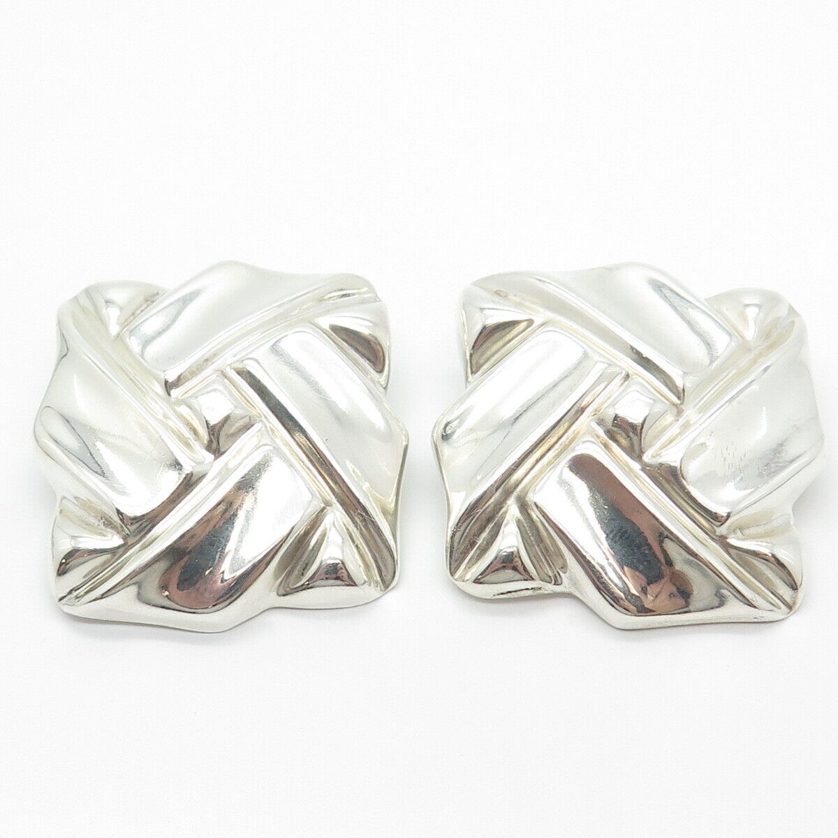 925 Sterling Silver Vintage Woven Square Clip On Earrings