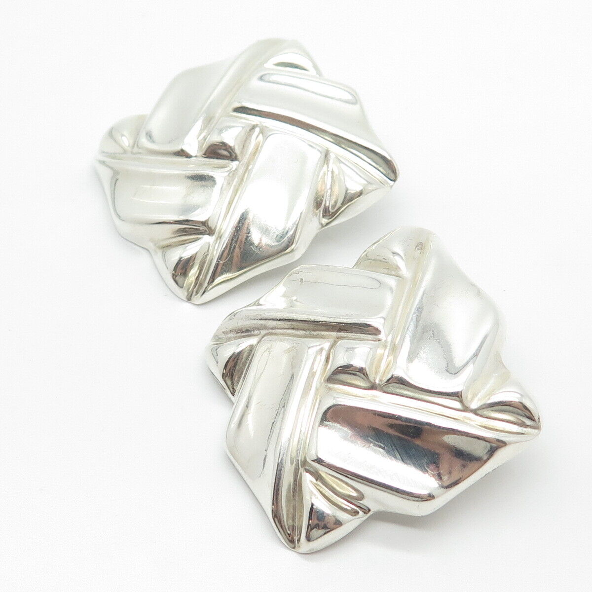 925 Sterling Silver Vintage Woven Square Clip On Earrings