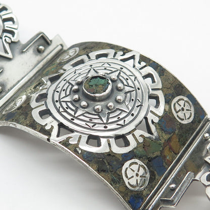 925 Sterling Silver Vintage Mexico Real Azurite Gem Inlay Tribal Bracelet 7"