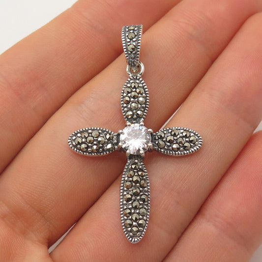 925 Sterling Silver Vintage Real Marcasite Gemstone & C Z Cross Pendant