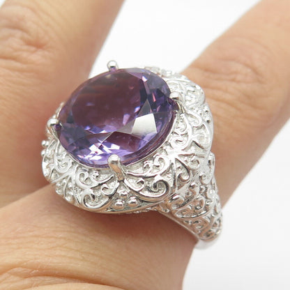 925 Sterling Silver Real Amethyst Gemstone Ornate Ring Size 7.75