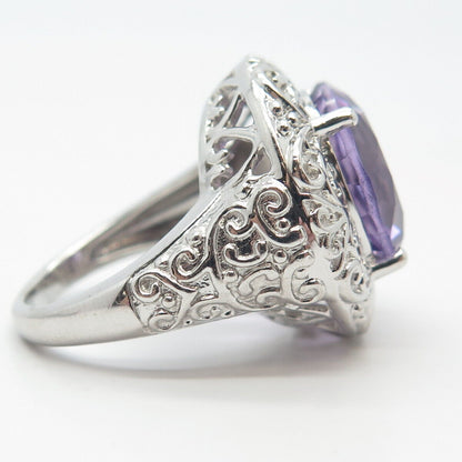 925 Sterling Silver Real Amethyst Gemstone Ornate Ring Size 7.75
