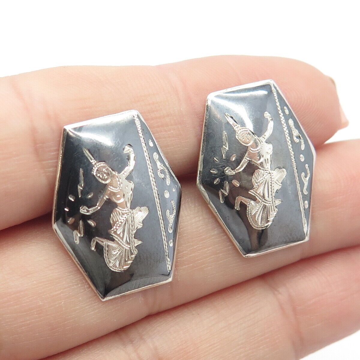 925 Sterling Silver Vintage Siam Niello Hindu Goddess Cufflinks