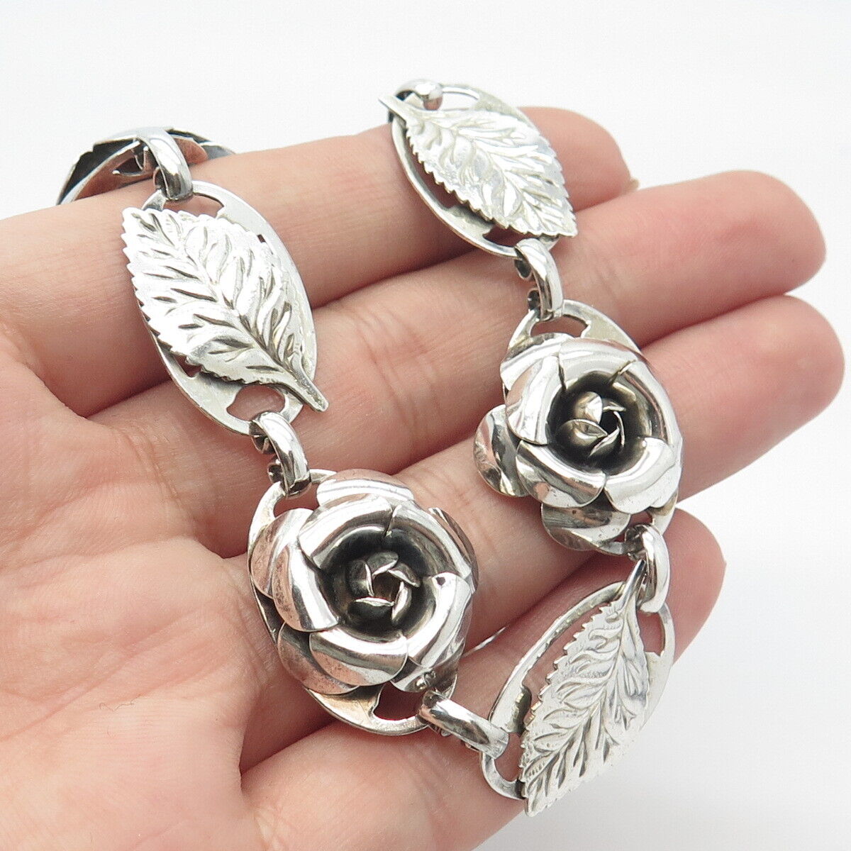 925 Sterling Silver Vintage Lang Rose & Leaf Floral Chain Necklace 16"