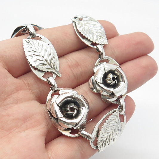 925 Sterling Silver Vintage Lang Rose & Leaf Floral Chain Necklace 16"