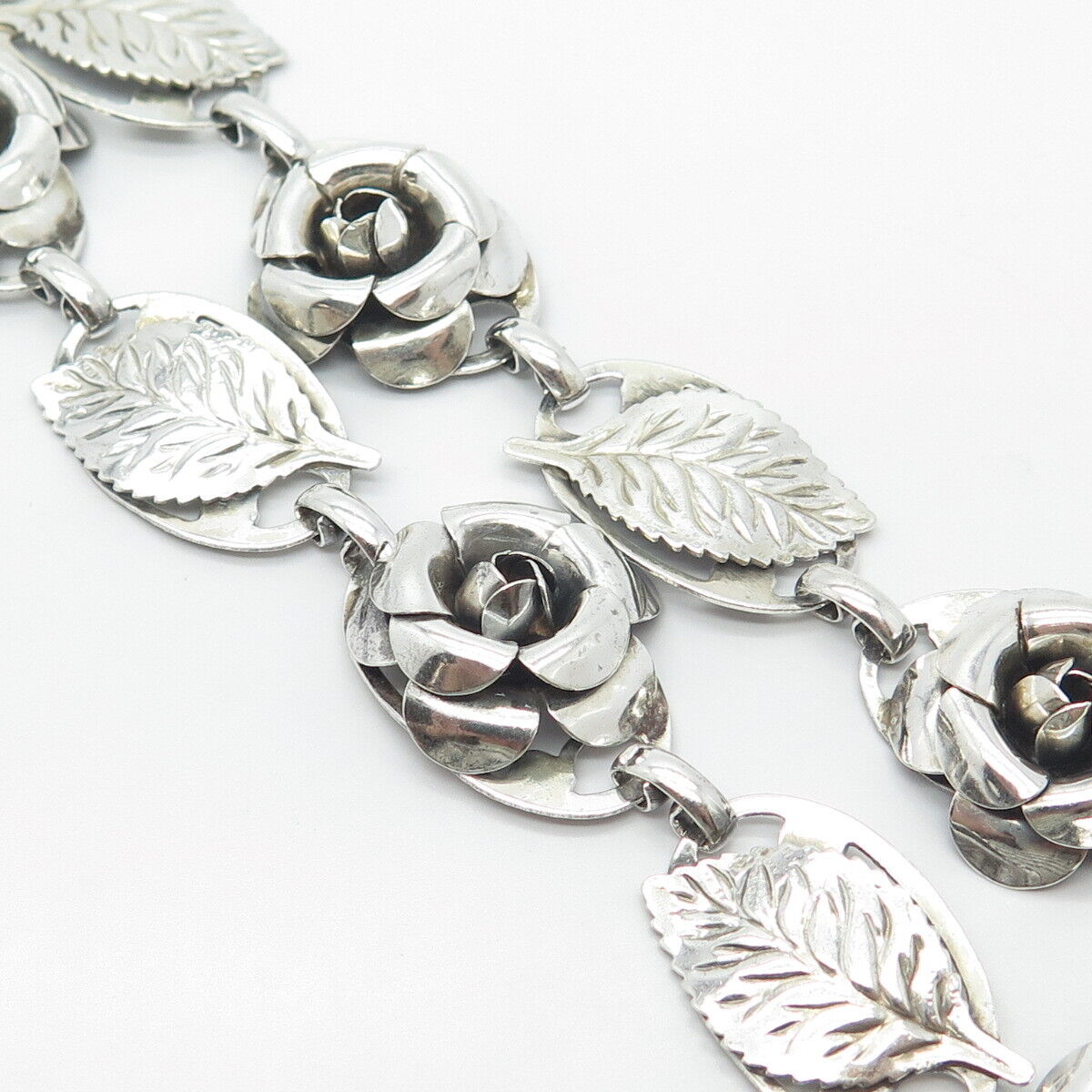 925 Sterling Silver Vintage Lang Rose & Leaf Floral Chain Necklace 16"