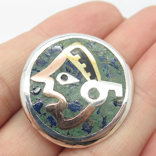 925 Sterling Silver 3-Tone Vintage Mexico Real Azurite Gem Tribal Man Pin Brooch