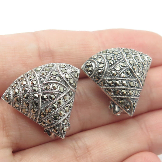 925 Sterling Silver Vintage Real Marcasite Gem Triangle Clip On Earrings