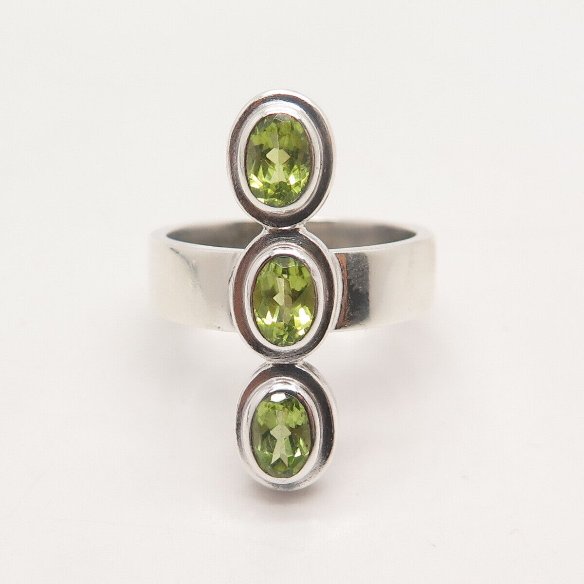 925 Sterling Silver Vintage Real Peridot Gem Triple Oval Statement Ring Size 8