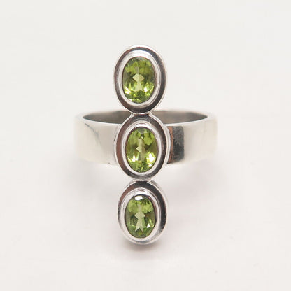 925 Sterling Silver Vintage Real Peridot Gem Triple Oval Statement Ring Size 8