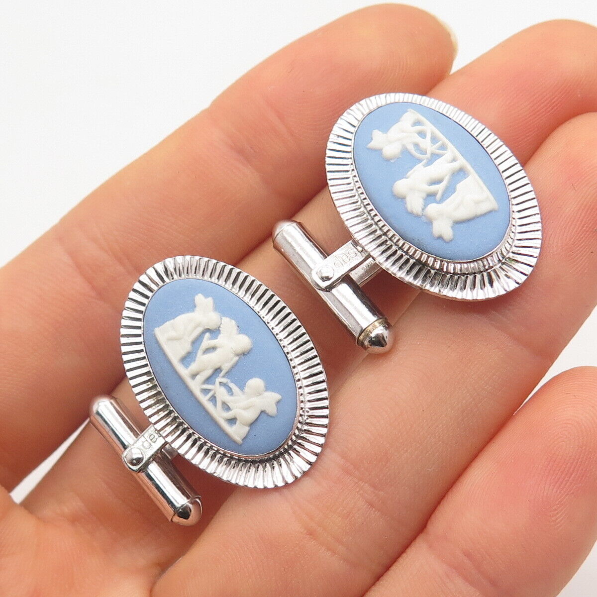 925 Sterling Silver Vintage Destino Ceramic Three Angels Cufflinks