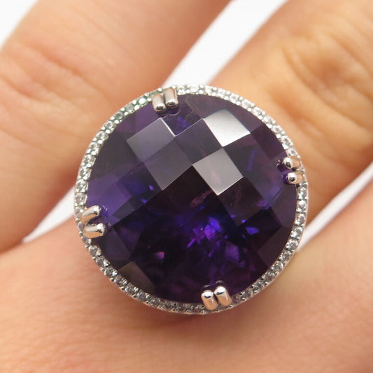 925 Sterling Silver Real Amethyst Gem & C Z Round Ring Size 5