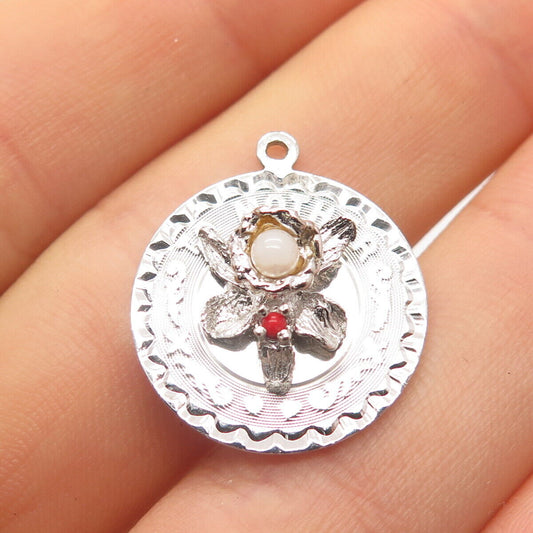 925 Sterling Silver Vintage Elco Real Pearl & Coral "Mother" Charm Pendant