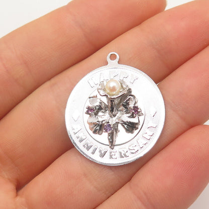 925 Sterling Silver Vintage Jeanor Pearl Amethyst Gem Happy Anniversary Pendant