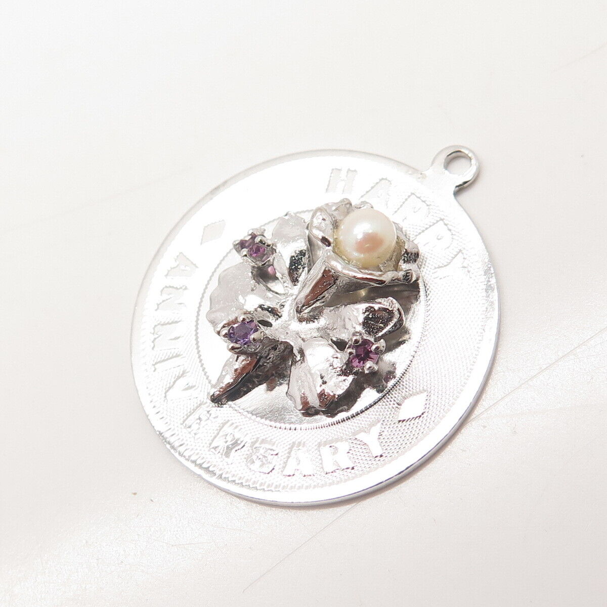 925 Sterling Silver Vintage Jeanor Pearl Amethyst Gem Happy Anniversary Pendant