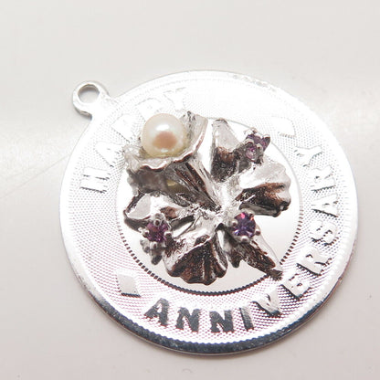 925 Sterling Silver Vintage Jeanor Pearl Amethyst Gem Happy Anniversary Pendant