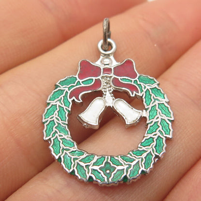 925 Sterling Silver Vintage Enamel Christmas Wreath Pendant