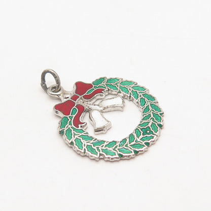 925 Sterling Silver Vintage Enamel Christmas Wreath Pendant