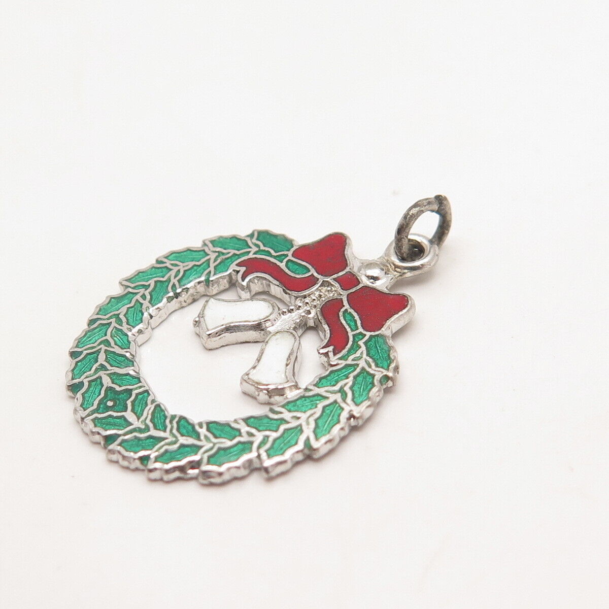 925 Sterling Silver Vintage Enamel Christmas Wreath Pendant