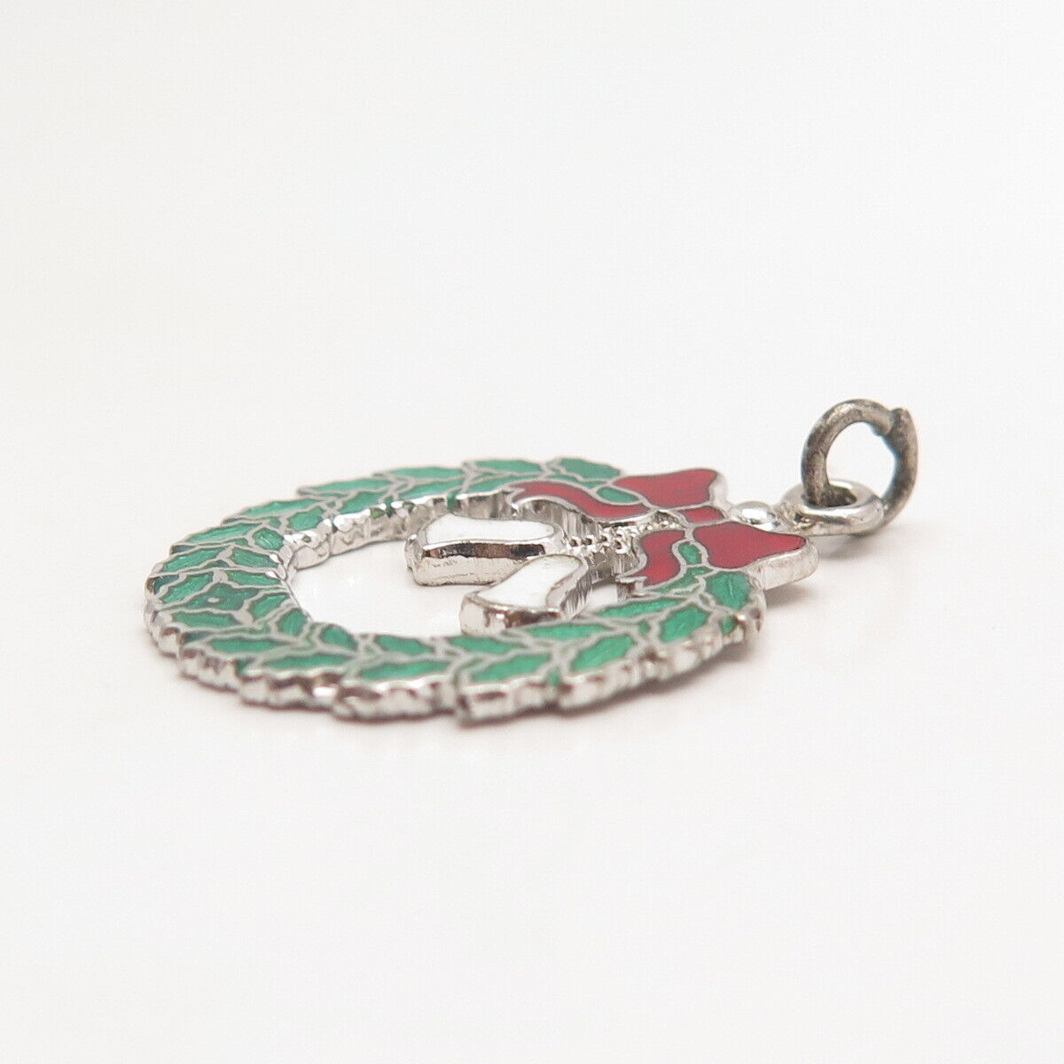 925 Sterling Silver Vintage Enamel Christmas Wreath Pendant