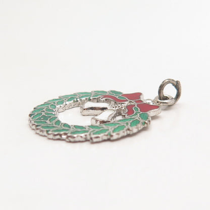 925 Sterling Silver Vintage Enamel Christmas Wreath Pendant