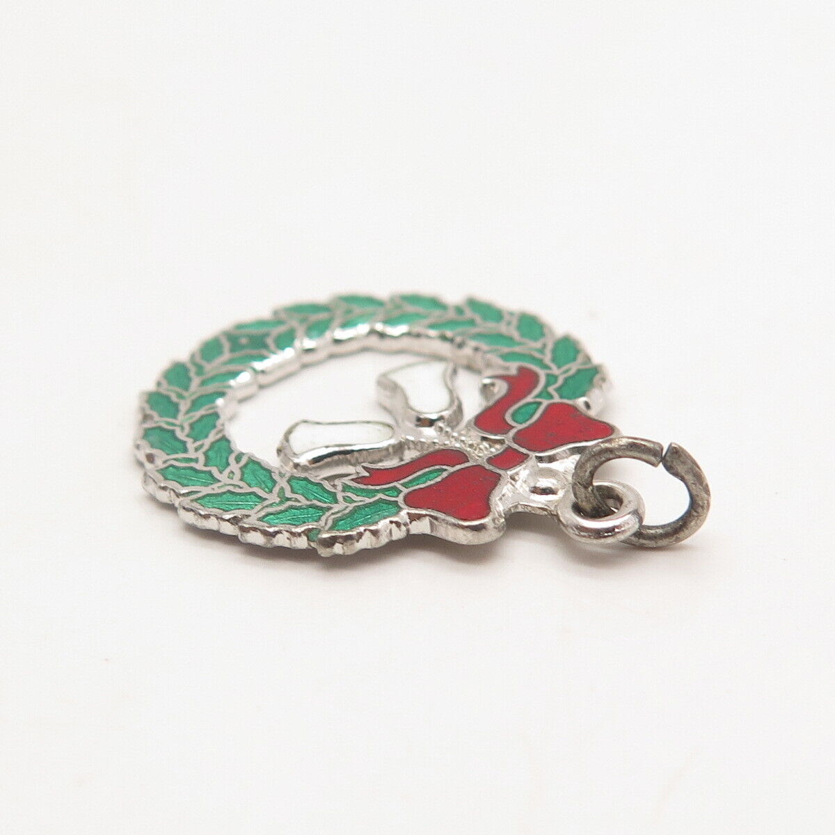 925 Sterling Silver Vintage Enamel Christmas Wreath Pendant