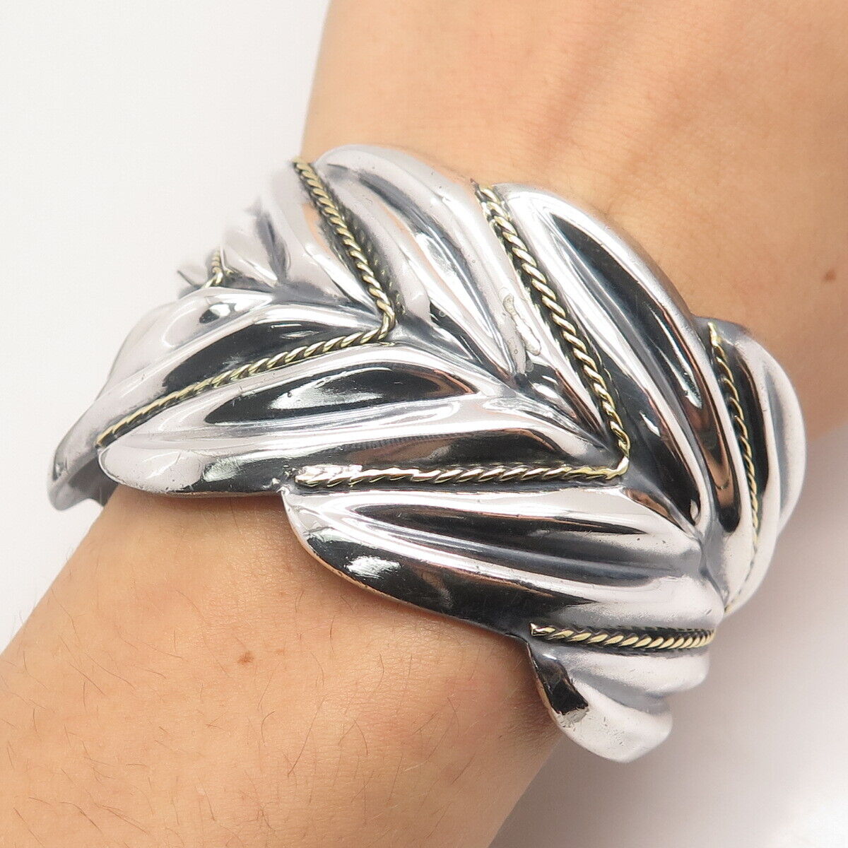 925 Sterling Silver 2-Tone Vintage Mexico Ribbed Adjustable Cuff Bracelet 7.75"