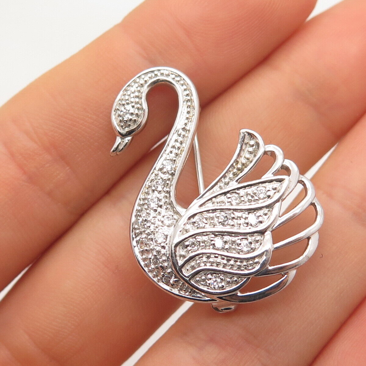 925 Sterling Silver Pave C Z Swan Bird Pin Brooch