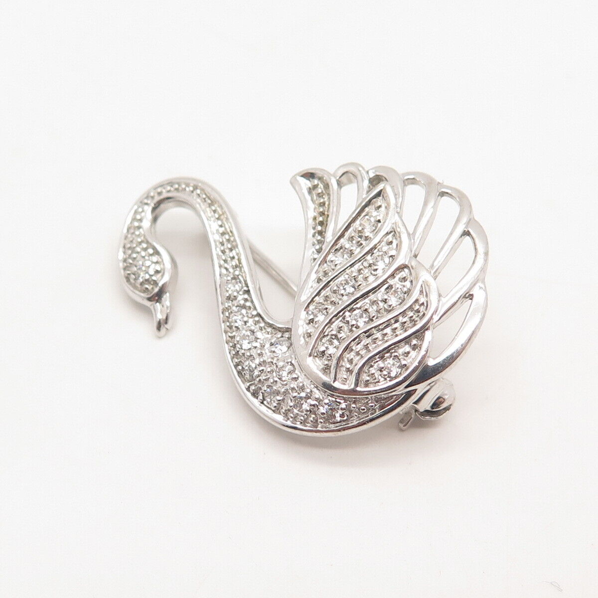 925 Sterling Silver Pave C Z Swan Bird Pin Brooch