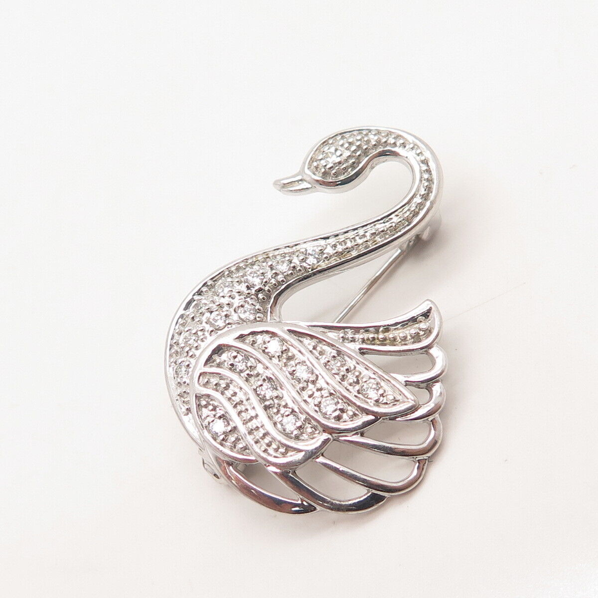 925 Sterling Silver Pave C Z Swan Bird Pin Brooch